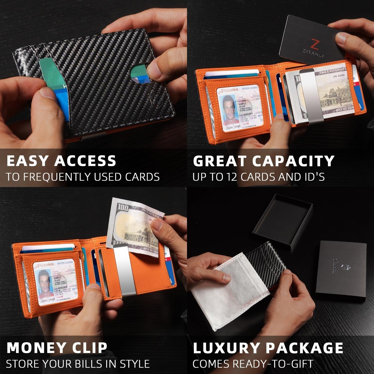 Men's Slim RFID Bifold Leather Wallet with Money Clip, ID Window, 12 Card Slots, and Gift Box