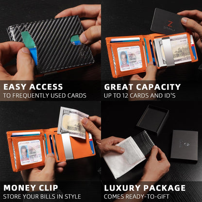 Men's Slim RFID Bifold Leather Wallet with Money Clip, ID Window, 12 Card Slots, and Gift Box