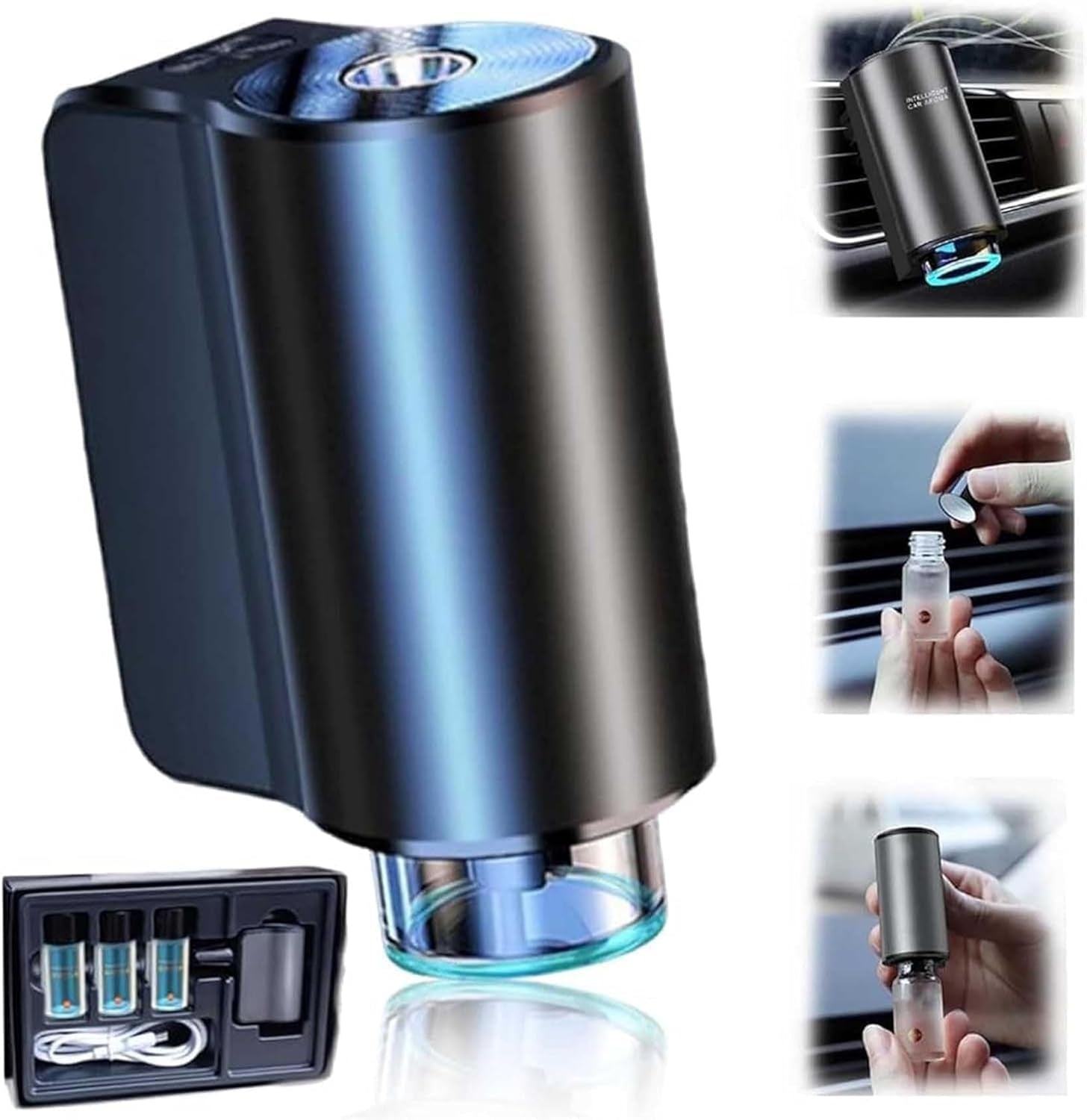 Rechargeable Car Air Freshener Diffuser with Adjustable Aroma Settings and Three Essential Oil Bottles
