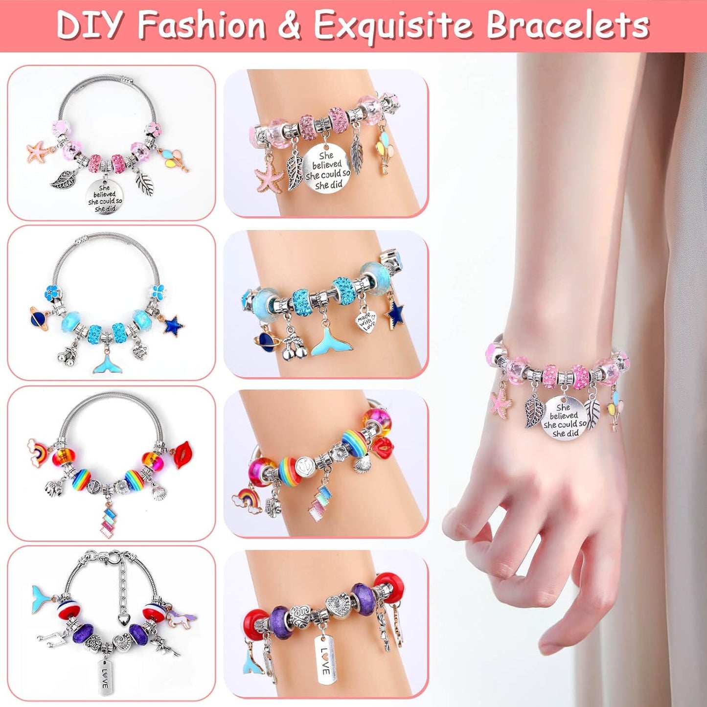 Charm Bracelet Making Kit - Unicorn, Mermaid Themed DIY Jewelry Set with Beads 180Pcs