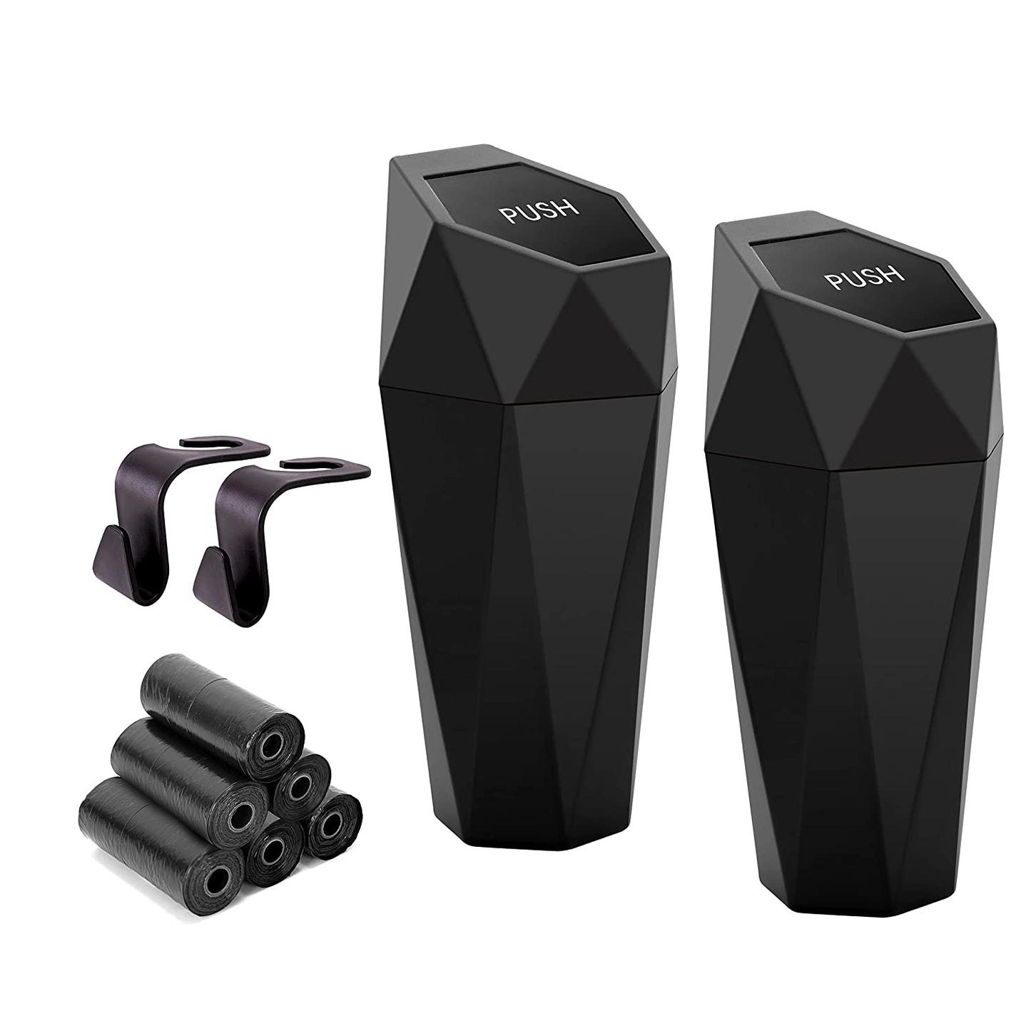 Car Trash Can with Lid - Set of 2 Mini Cup Holder Trash Bins, Leakproof, Includes 2 Hooks and 90 Trash Bags - Black