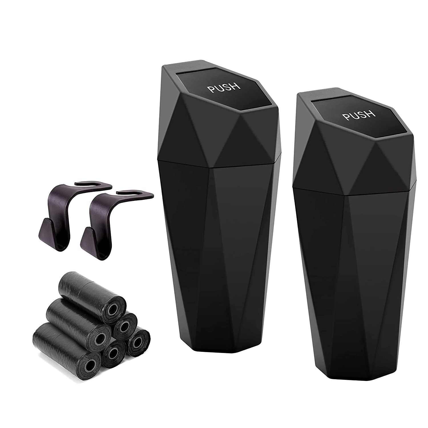 Car Trash Can with Lid - Set of 2 Mini Cup Holder Trash Bins, Leakproof, Includes 2 Hooks and 90 Trash Bags - Black
