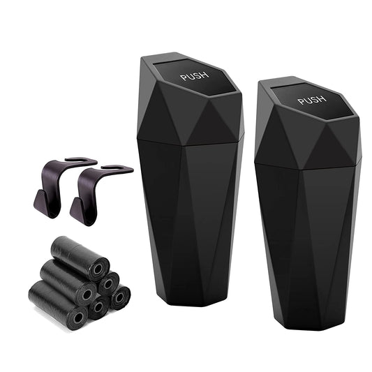 Car Trash Can with Lid - Set of 2 Mini Cup Holder Trash Bins, Leakproof, Includes 2 Hooks and 90 Trash Bags - Black