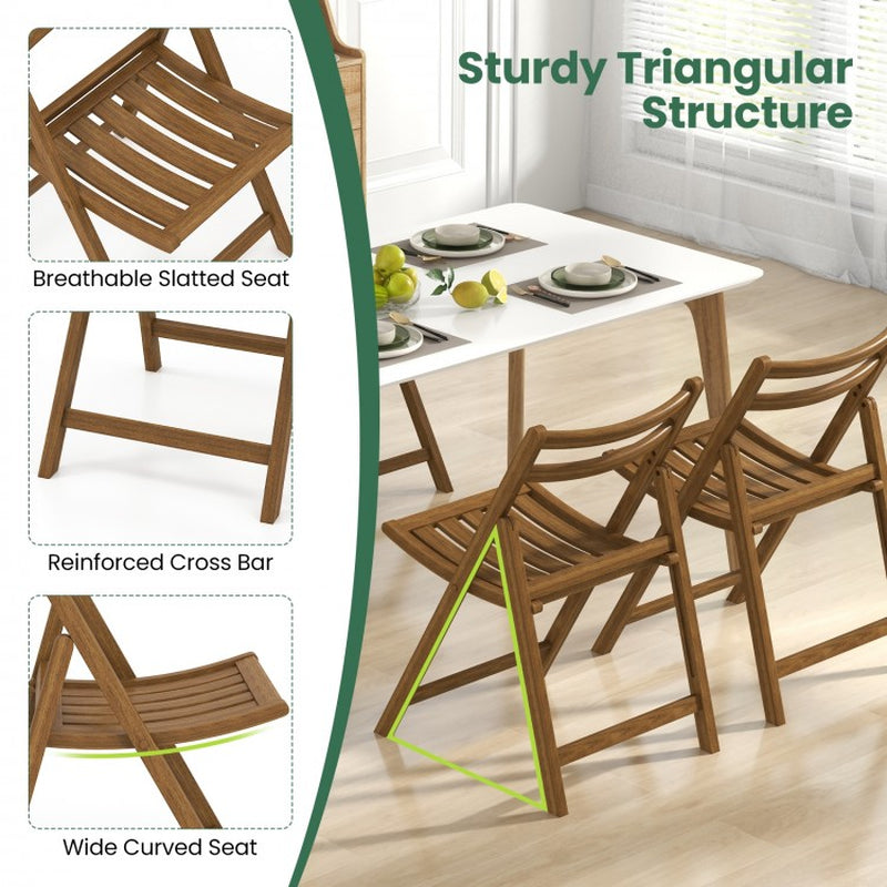 Set of 2 Folding Dining Chairs with Rubberwood Frame and Slatted Seat