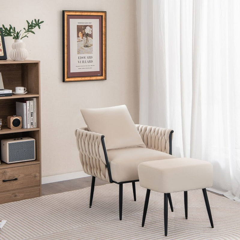 Contemporary Dutch Velvet Accent Chair and Ottoman Set with Woven Back and Armrests