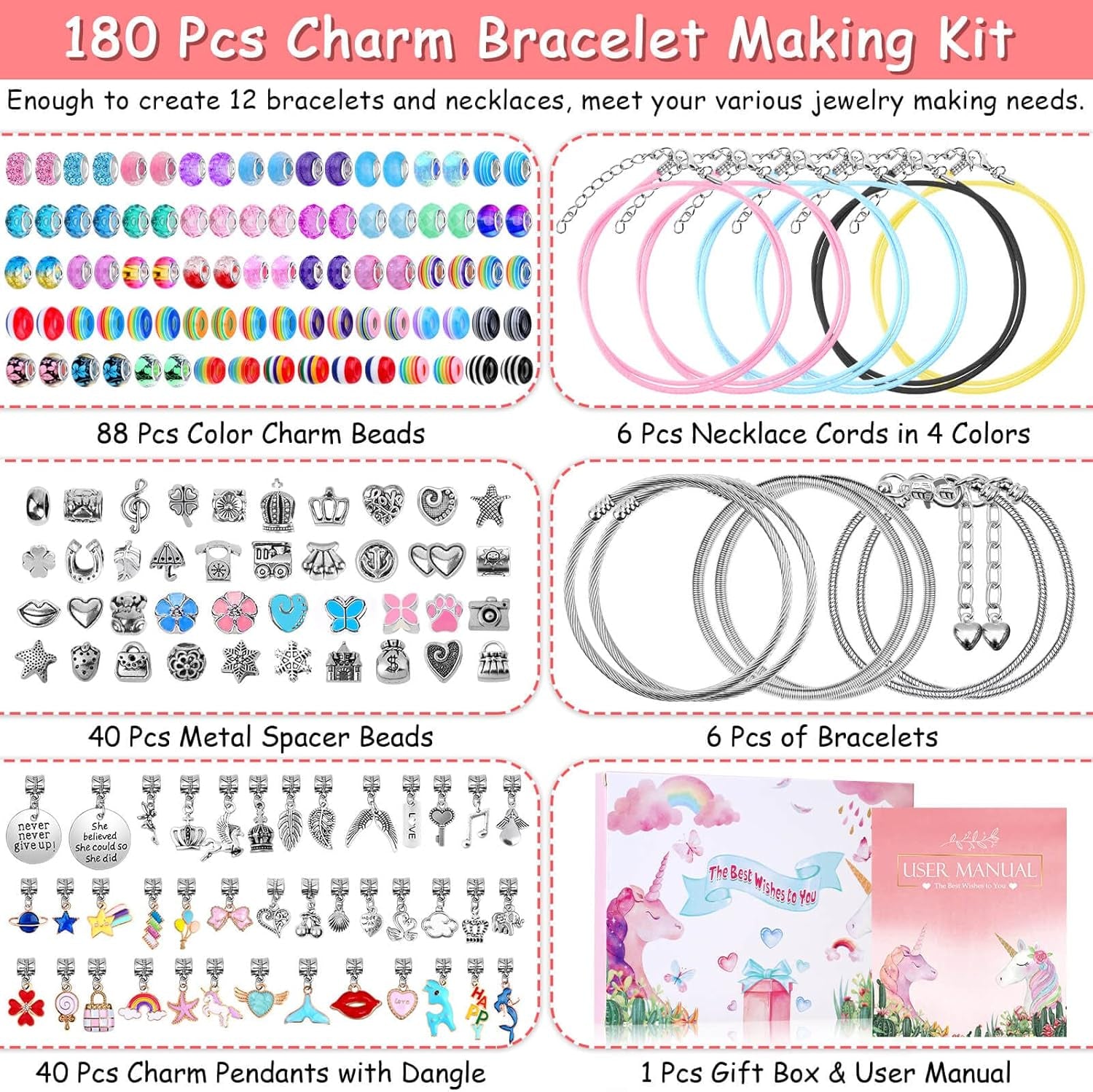 Charm Bracelet Making Kit - Unicorn, Mermaid Themed DIY Jewelry Set with Beads 180Pcs