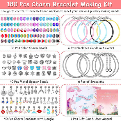 Charm Bracelet Making Kit - Unicorn, Mermaid Themed DIY Jewelry Set with Beads 180Pcs