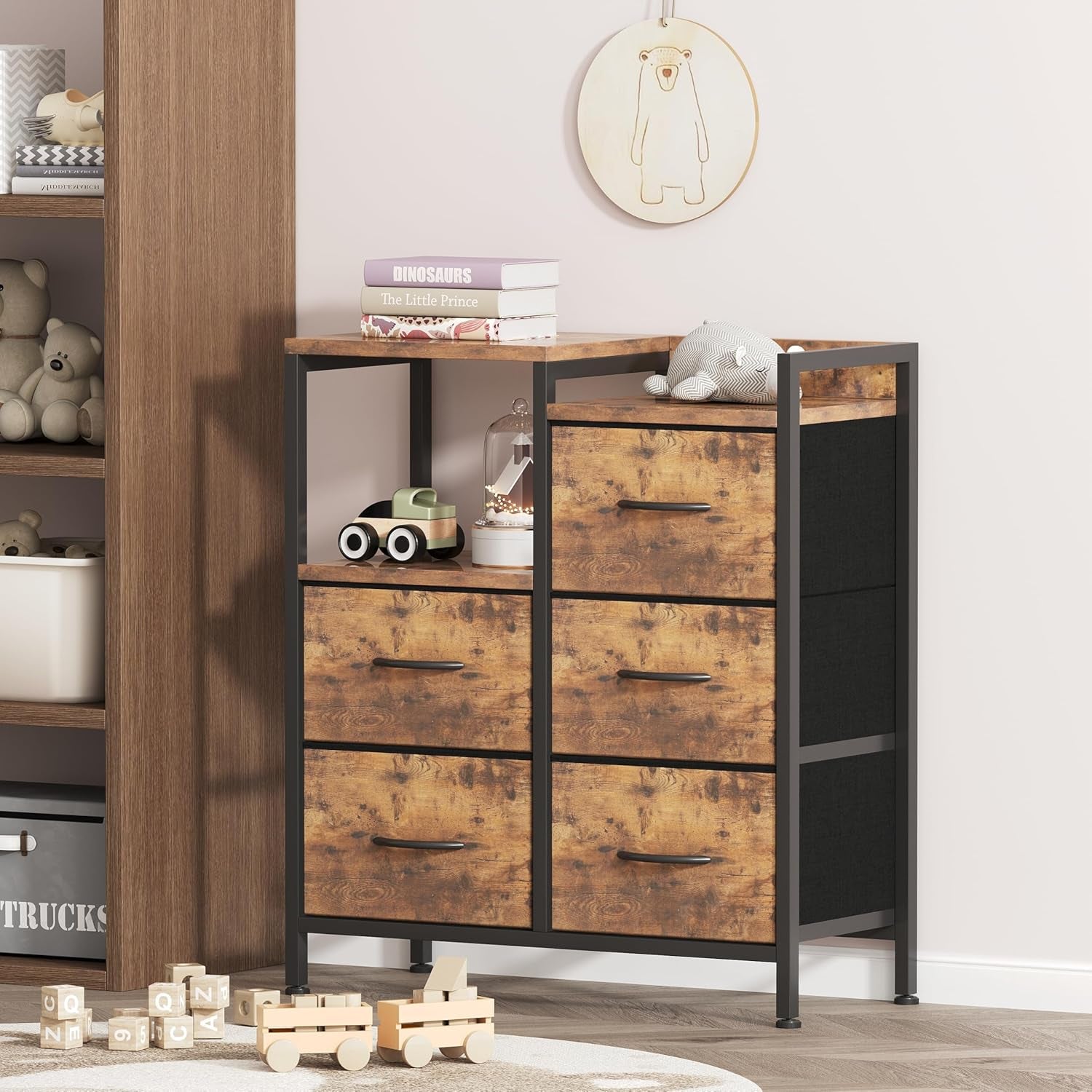 Fabric Dresser for Bedroom, 5 Drawer 3-Tire Dresser, Storage Tower with Fabric Bins, Storage Cabinet for Entryway, Living Room & Closets (Rustic Brown)