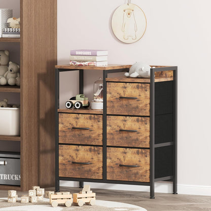 Fabric Dresser for Bedroom, 5 Drawer 3-Tire Dresser, Storage Tower with Fabric Bins, Storage Cabinet for Entryway, Living Room & Closets (Rustic Brown)