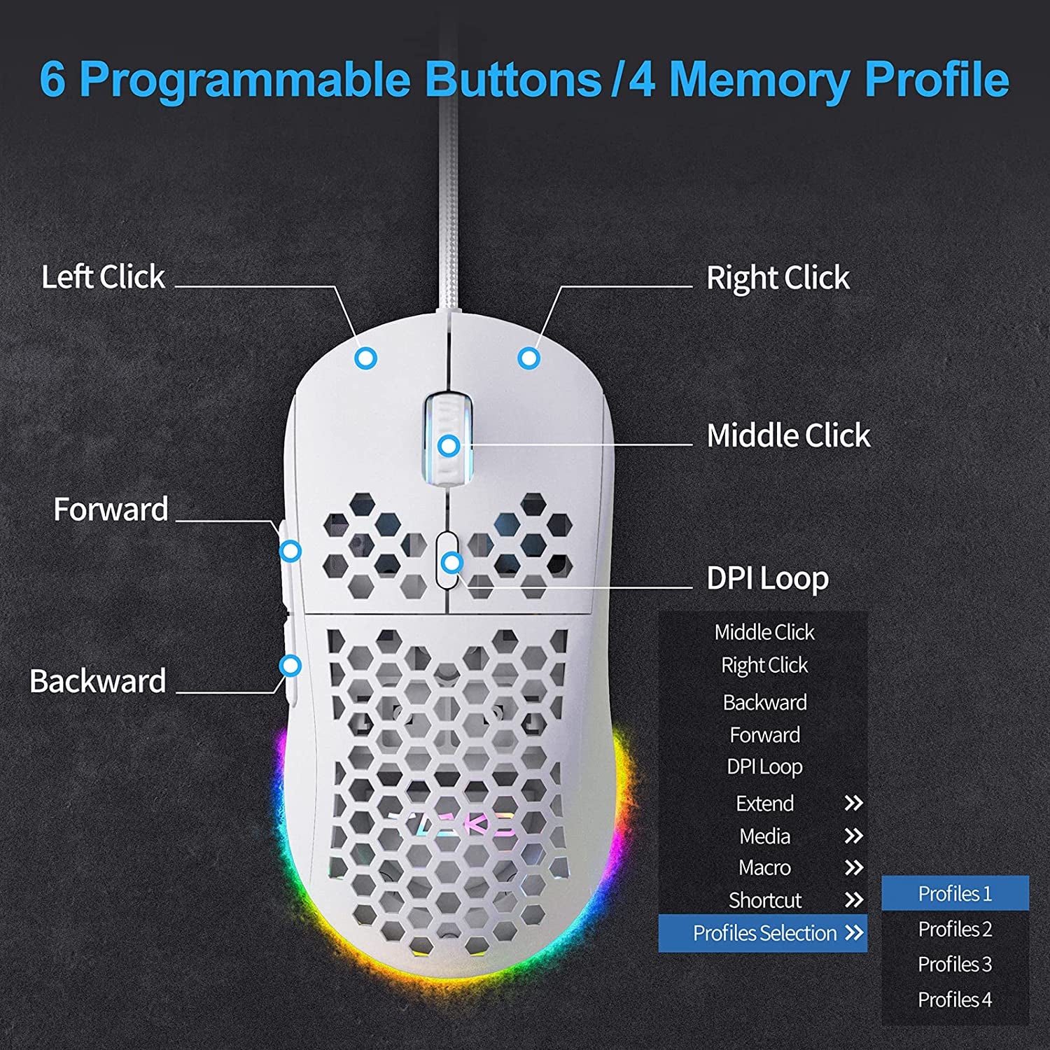 Ultralight Honeycomb Gaming Mouse with High-Precision 12800DPI Optical Sensor, 6 Programmable Buttons, Customizable RGB Lighting, Drag-Free Paracord, Ergonomic Design - Matte White