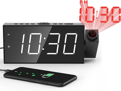 Projection Alarm Clock with 7" LED Display, Adjustable Dimmer, 5 Volume Levels, 9-Minute Snooze, Dual Alarm Functionality, USB Charging Port