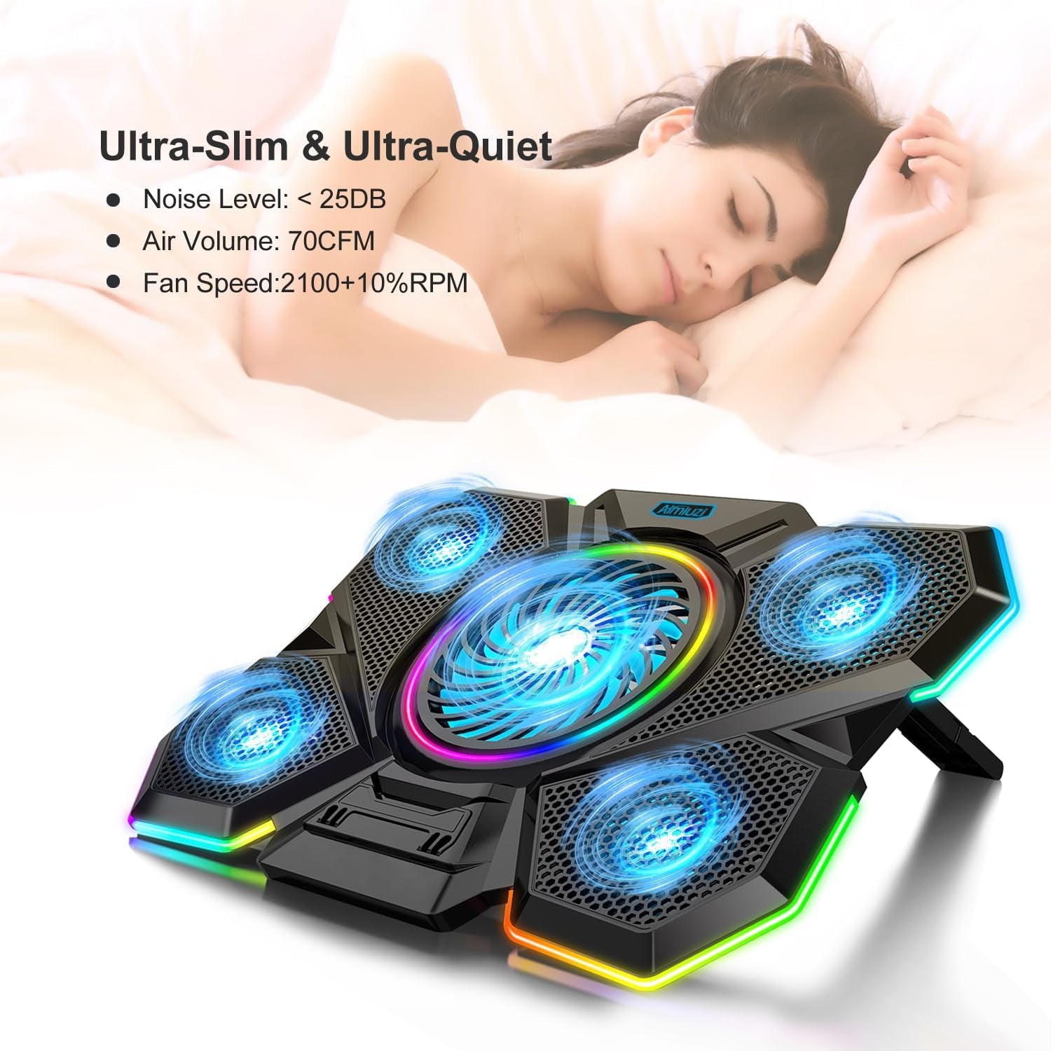 Laptop Cooling Pad for Gaming, Featuring 5 Silent Fans and LED Lighting, Compatible with 12-17 Inch Laptops, 7 Adjustable Height Settings