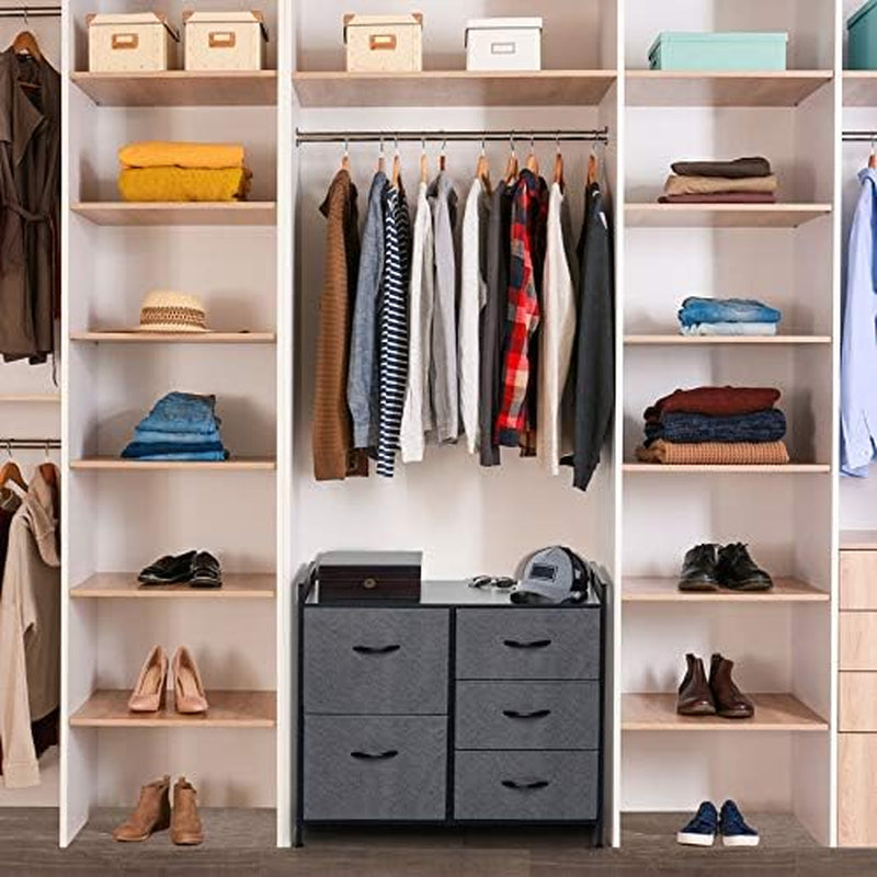 Fabric Dresser with 5 Drawers - Dresser for Bedroom - Wide Dresser Storage - Organizer Unit with Wood Top & Easy Pull Handle for TV Stand, Closet, Living Room, Nursery Room & Dorm - Dark Grey