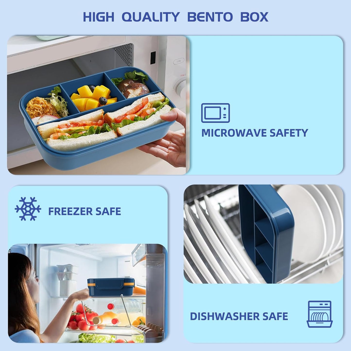 Lunch Box - 2000 ML Stackable Container - 8 Compartments, Leak-Proof Design, Built-In Sauce Container, Utensils Included - Blue