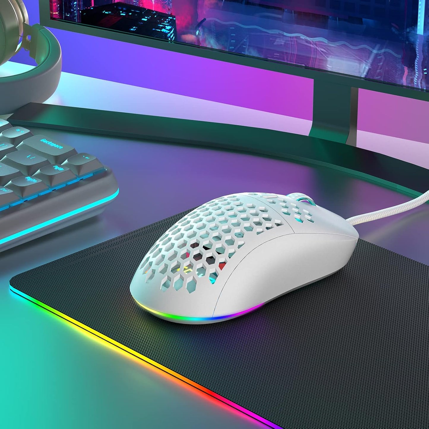 Ultralight Honeycomb Gaming Mouse with High-Precision 12800DPI Optical Sensor, 6 Programmable Buttons, Customizable RGB Lighting, Drag-Free Paracord, Ergonomic Design - Matte White