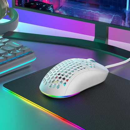 Ultralight Honeycomb Gaming Mouse with High-Precision 12800DPI Optical Sensor, 6 Programmable Buttons, Customizable RGB Lighting, Drag-Free Paracord, Ergonomic Design - Matte White