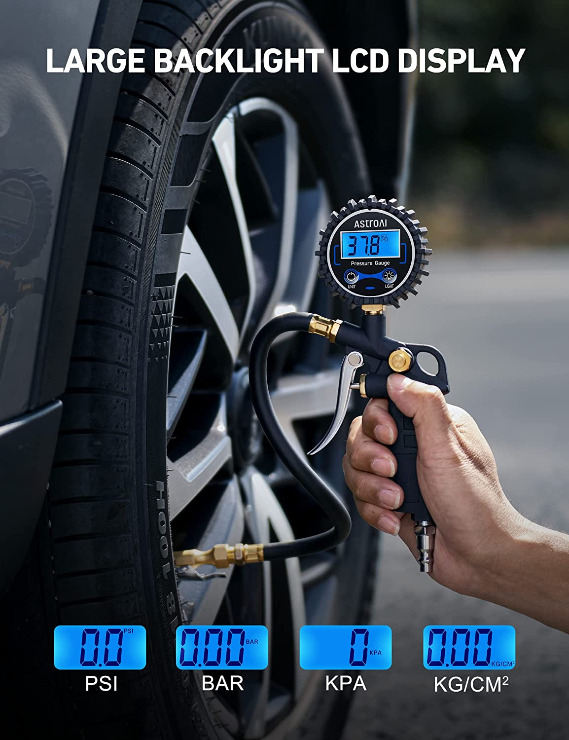 Digital Tire Pressure Gauge | Inflator, 250 PSI Air Chuck - Compressor Accessories Heavy Duty - Quick Connect Coupler, 0.1 Display Resolution