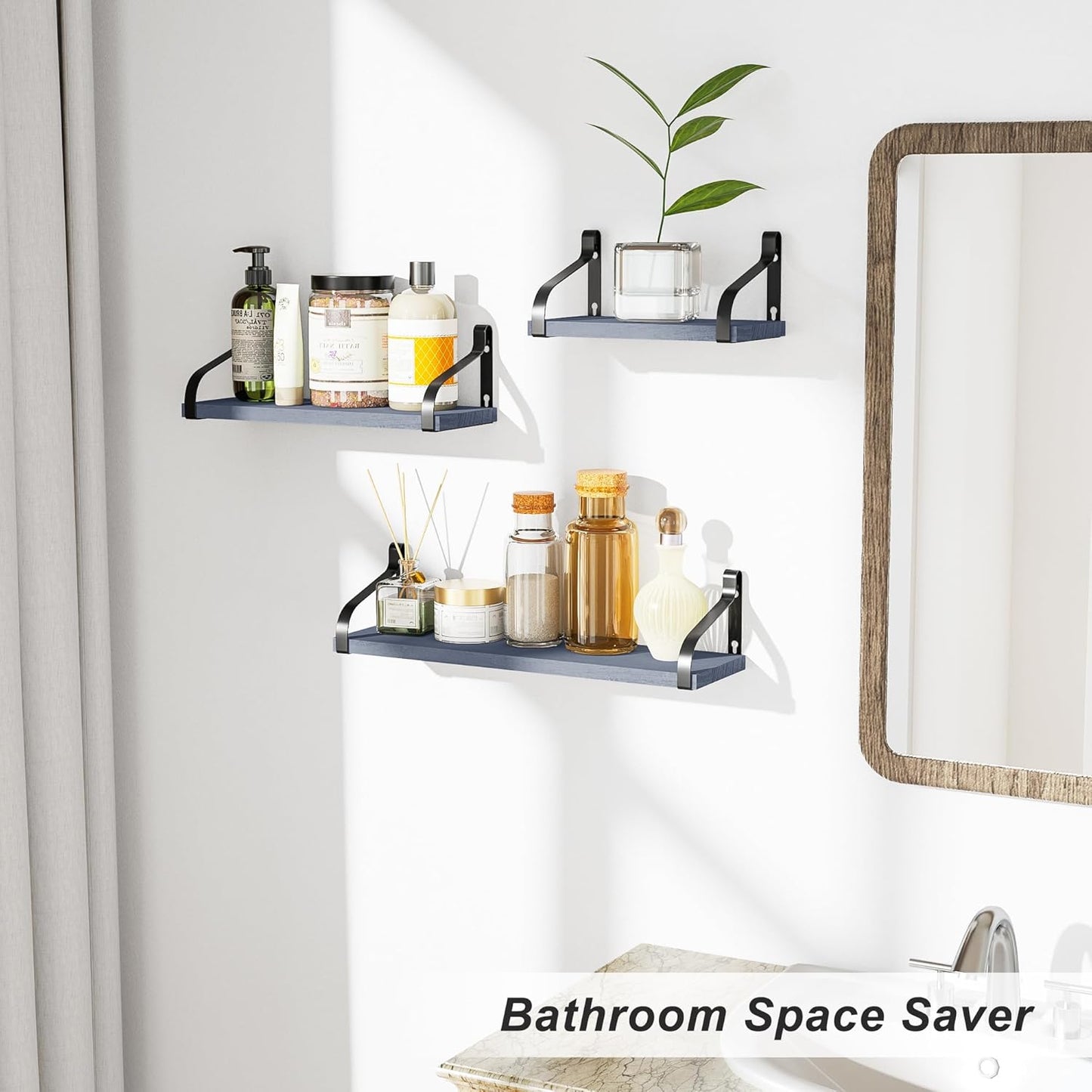 Set of 3 Rustic Wall-Mounted Floating Shelves in Weathered Grey Wood for Versatile Home Decor