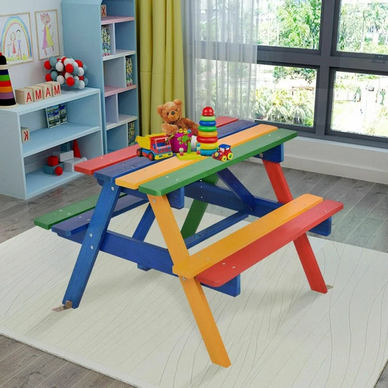 Outdoor Children's Picnic Table Bench Set with Removable Umbrella for Four Seats