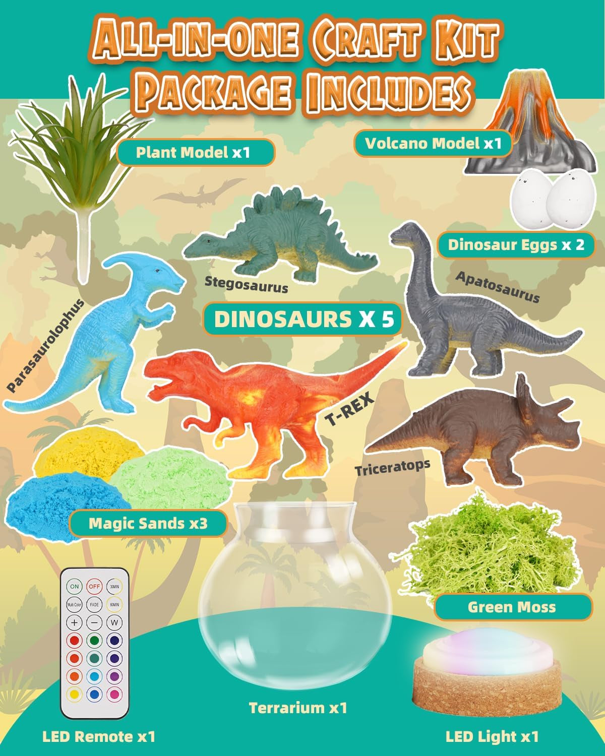 Illuminated Dinosaur Terrarium Kit for Children - DIY Arts & Crafts for Ages 4+LED Night Light with Remote Control