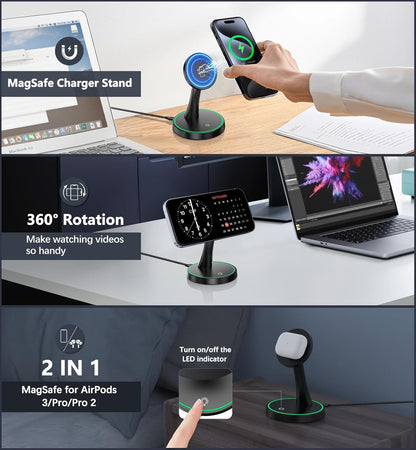 15W Fast Magnetic Wireless Charger Stand for iPhone with Sleep-Friendly Light for AirPods 3/Pro/2