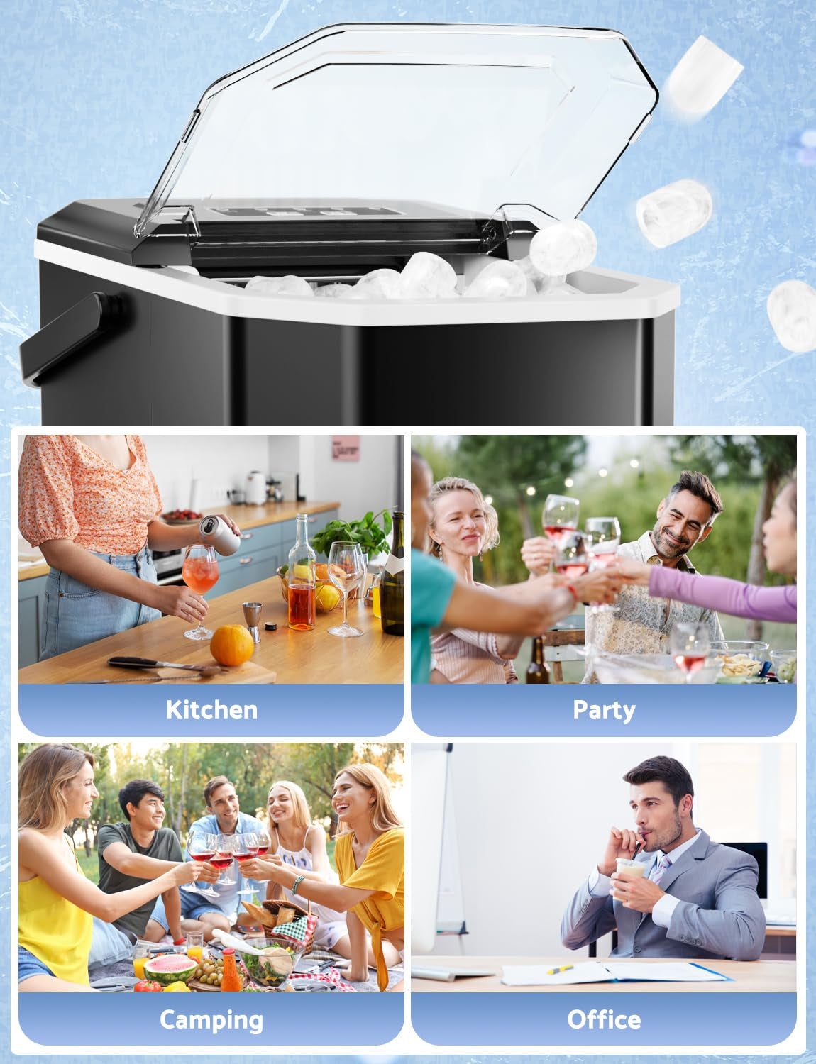 Countertop Ice Maker Machine - Produces 9 Ice Cubes in 6-8 Minutes, 26.5 lbs Daily Capacity, Self-Cleaning with Ice Scoop