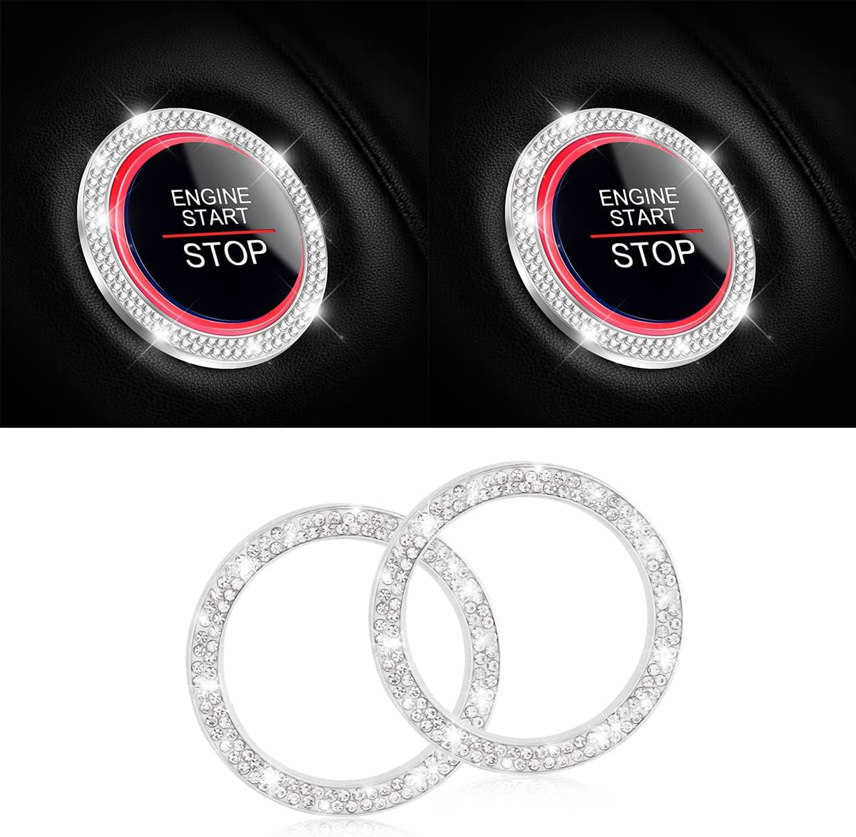 Crystal Rhinestone Engine Start Ring Decals - 2 Pack Push Start Button Covers, Key Ignition Knob Accessories, Sparkling Car Interior Decor for Women (Purple)