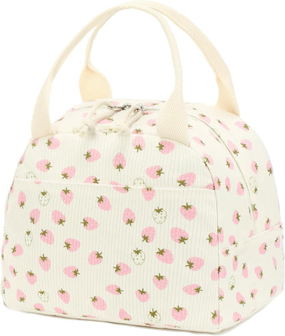 Corduroy Insulated Lunch Tote Bag for Men and Women - Reusable Large Capacity Cooler for Work, Picnics, and Travel (Strawberry Design)
