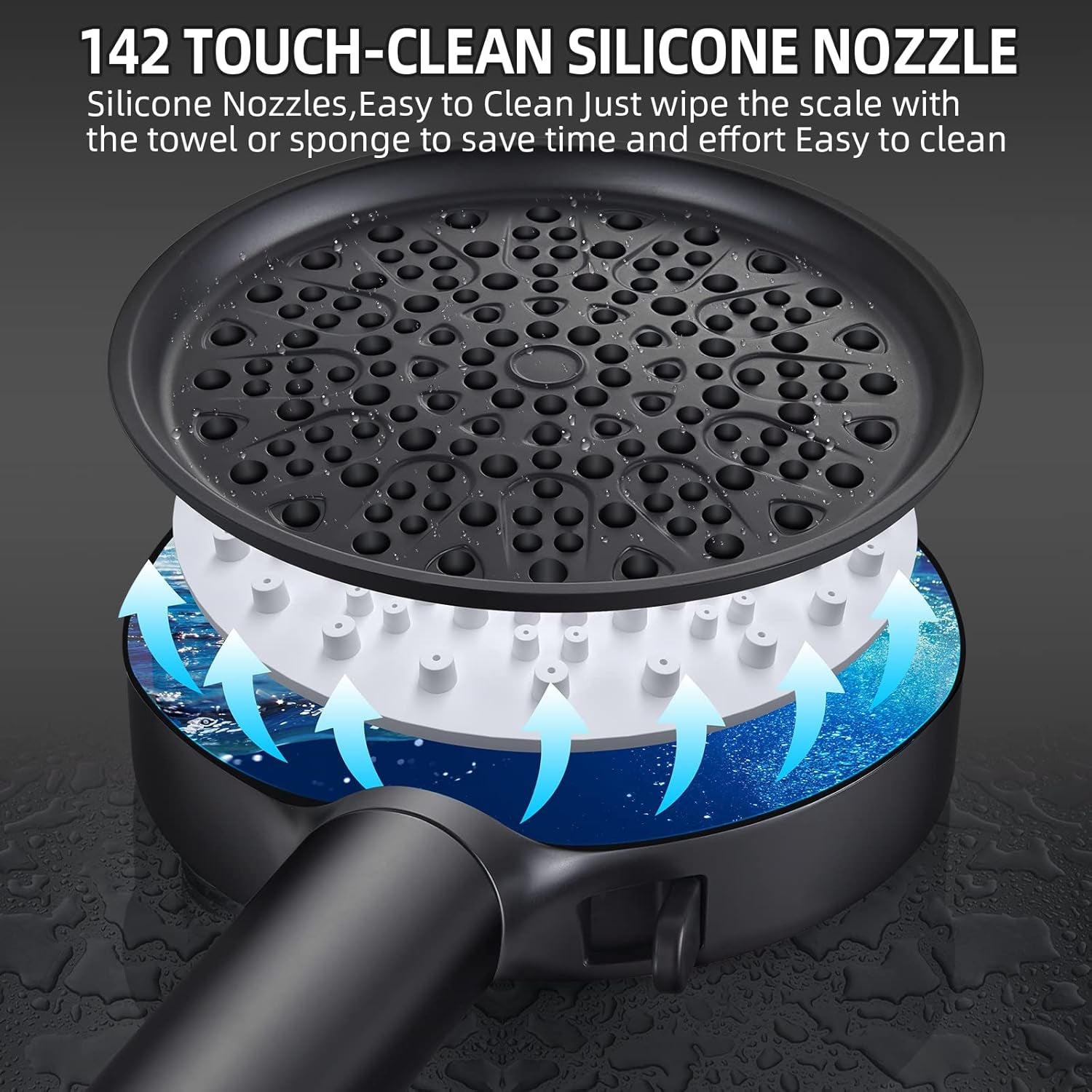High-Pressure Handheld Shower Head with Filter, 6 Spray Modes, 60" Hose, Bracket, and Water Softener Beads for Chlorine Removal, Black