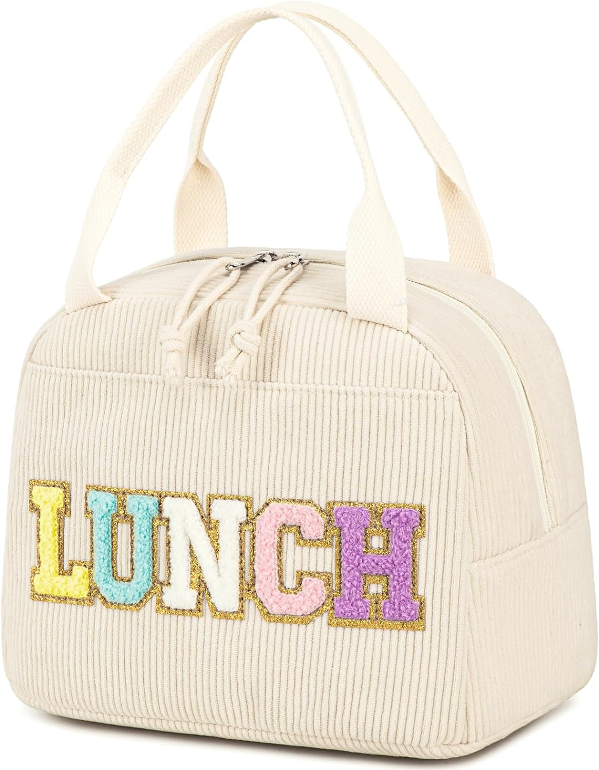 Corduroy Insulated Lunch Tote Bag for Men and Women - Reusable Large Capacity Cooler for Work, Picnics, and Travel (Strawberry Design)