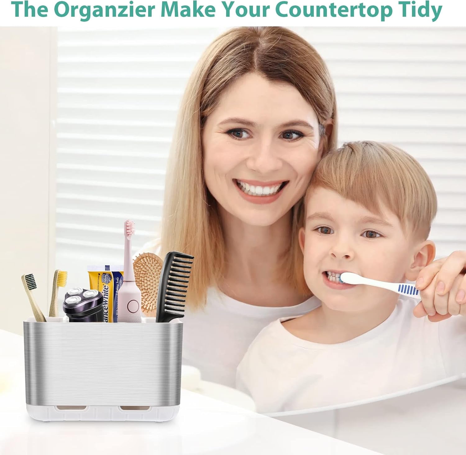 Brushed Nickel Toothbrush and Toothpaste Organizer Caddy with Adjustable Dividers for Bathroom and Kitchen Storage (Silver)