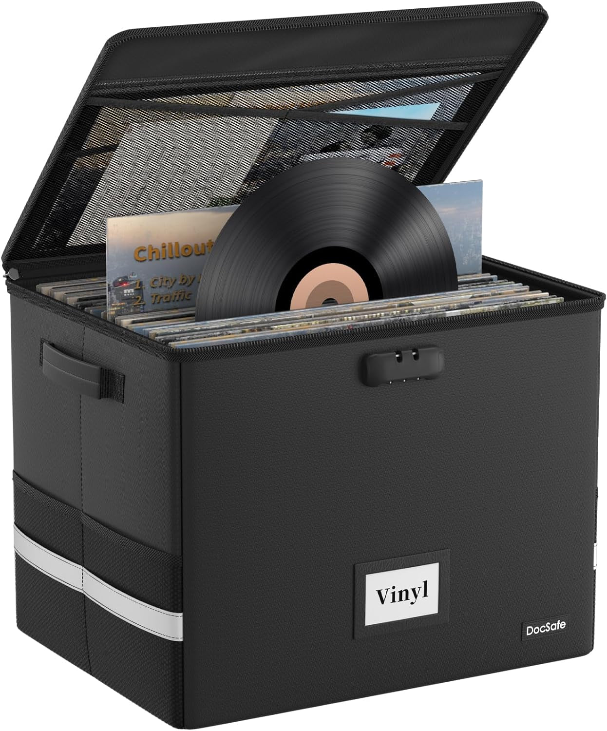 Vinyl Record Storage Box-Lock, Fireproof, Water-Resistant Organizer-100+12-Inch Singles, Collapsible Crate, Lid, Handles 