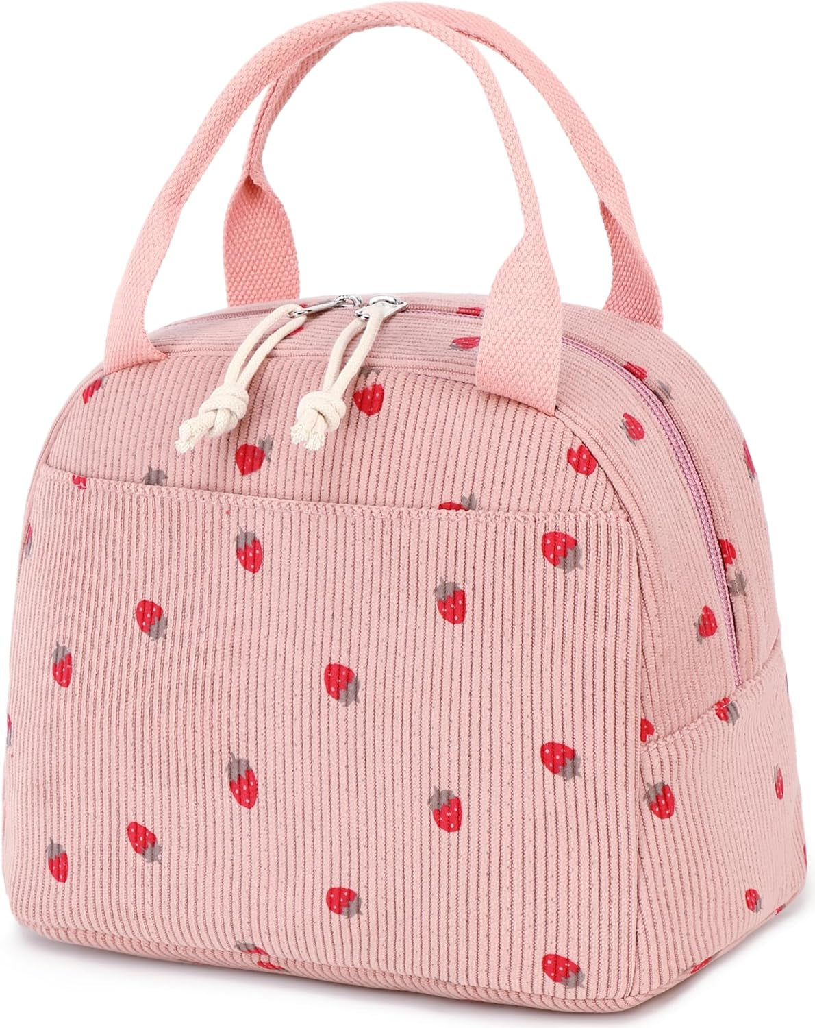 Corduroy Insulated Lunch Tote Bag for Men and Women - Reusable Large Capacity Cooler for Work, Picnics, and Travel (Strawberry Design)