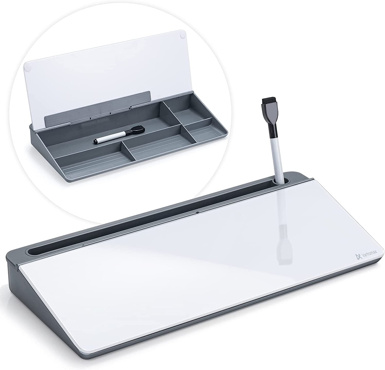 Dry Erase Glass Desk Whiteboard with Storage Caddy - Desktop Memo Notepad for Home Office and School (Gray)