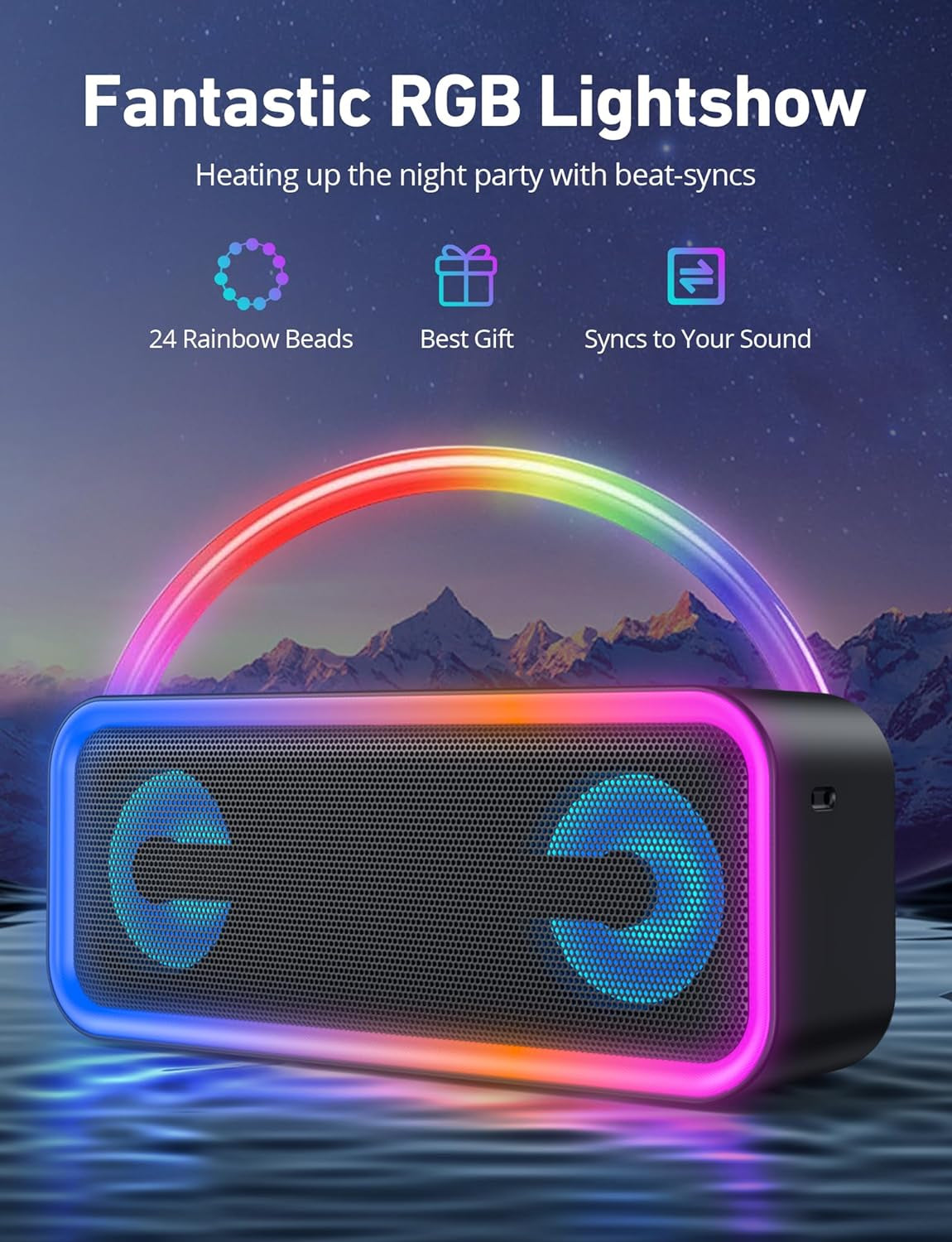 Portable Bluetooth Speaker - IPX5 Waterproof with RGB Lighting, 18-Hour Playtime, and Hi-Fi Stereo Sound