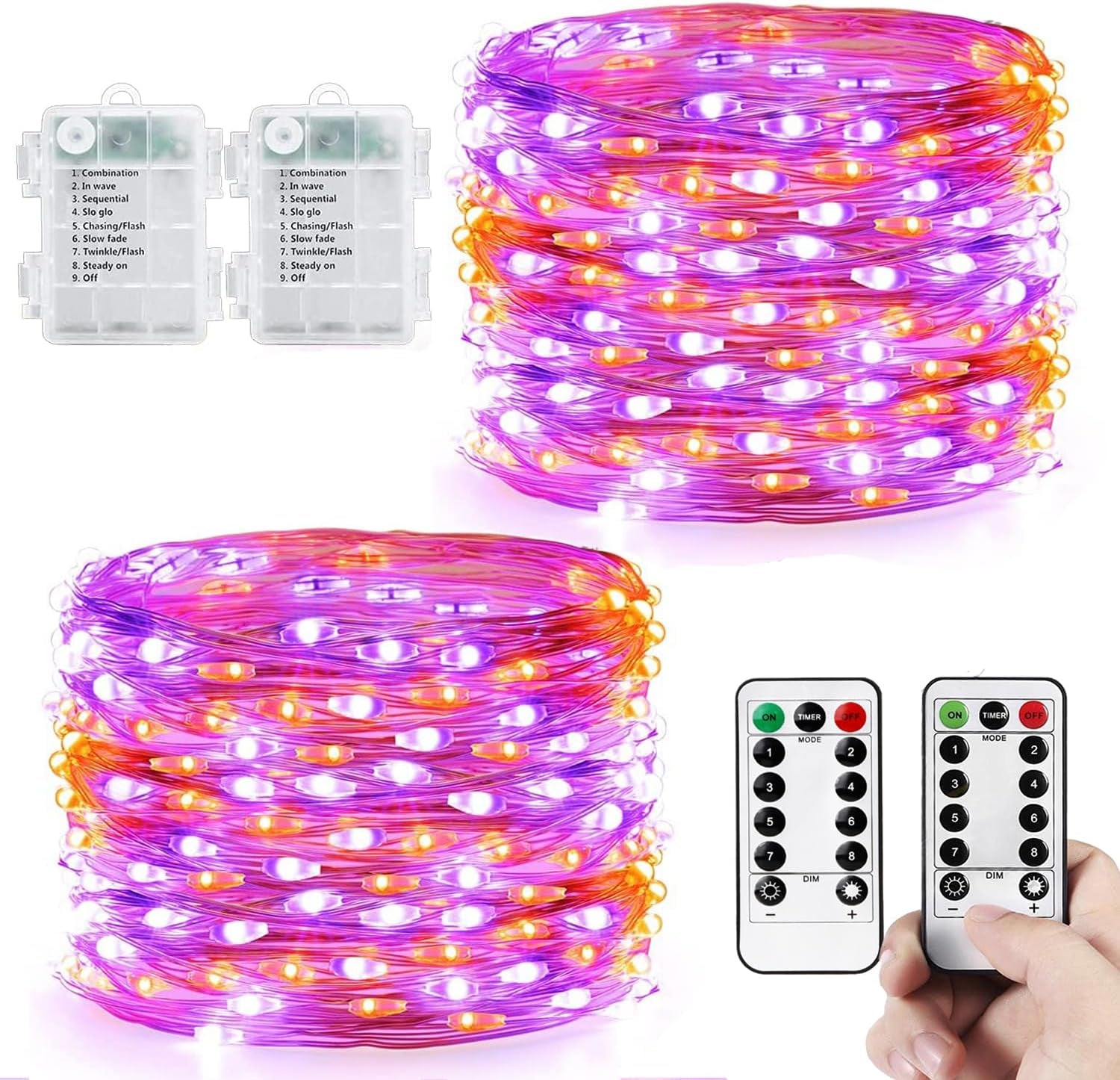 2-Pack Waterproof Battery-Operated Fairy Lights, 66ft with 200 LEDs, Remote Control - 8 Modes and Timer, Copper Wire Twinkle Lights