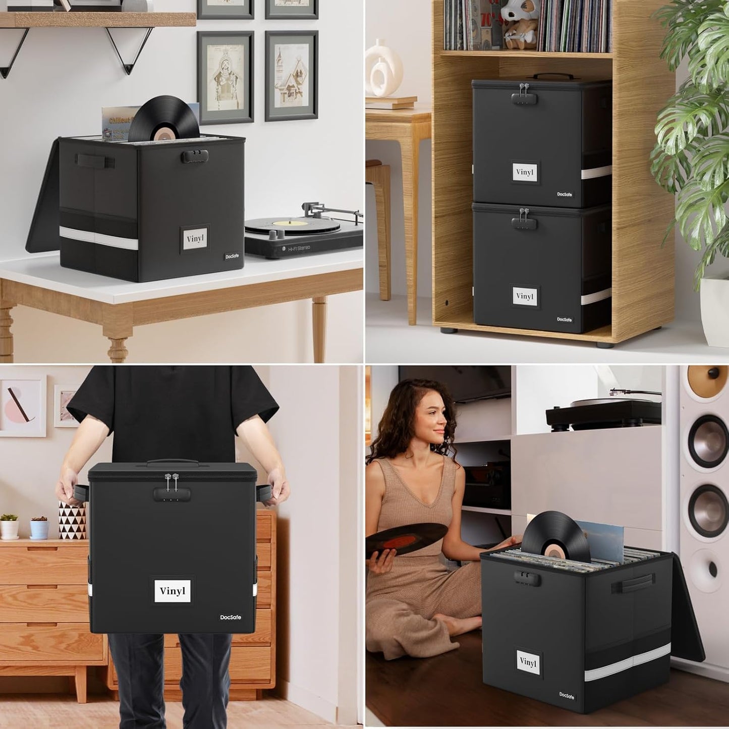Vinyl Record Storage Box-Lock, Fireproof, Water-Resistant Organizer-100+12-Inch Singles, Collapsible Crate, Lid, Handles 