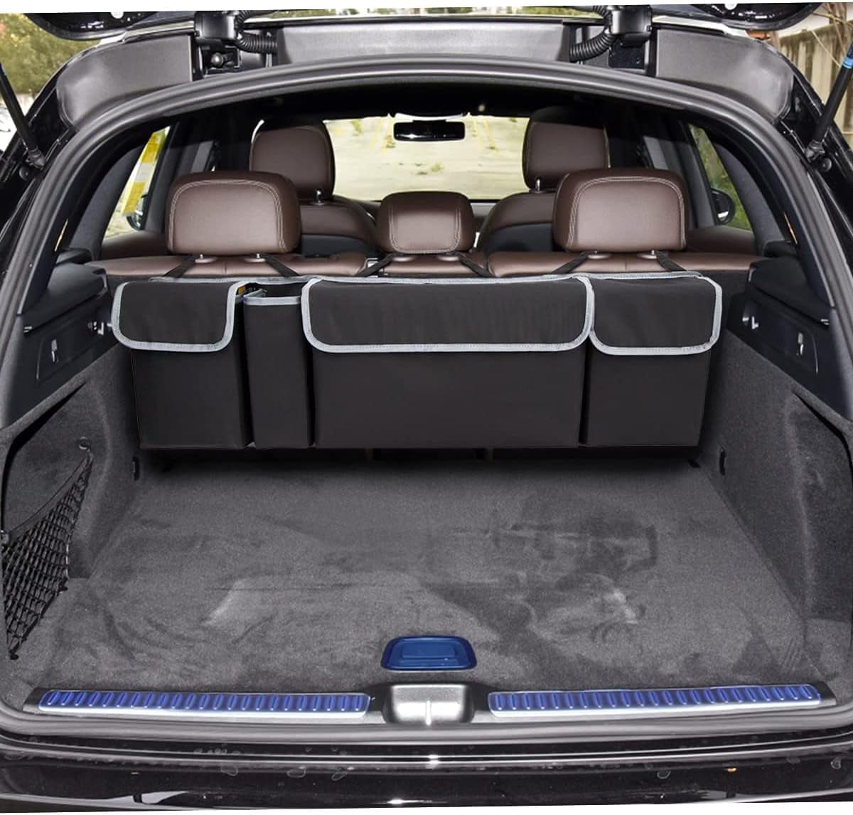 Car Trunk Organizer - Waterproof, Durable Backseat Hanging Cargo Bag with Adjustable Anti-Slip Straps and 4 Pockets (Black)