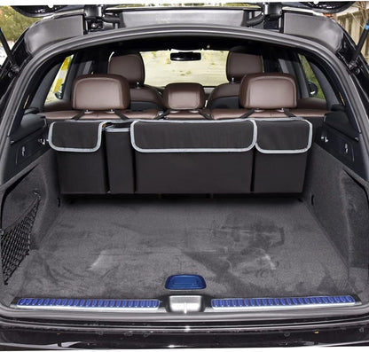 Car Trunk Organizer - Waterproof, Durable Backseat Hanging Cargo Bag with Adjustable Anti-Slip Straps and 4 Pockets (Black)