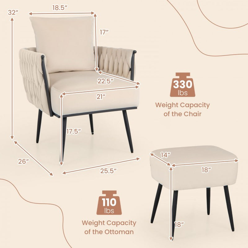 Contemporary Dutch Velvet Accent Chair and Ottoman Set with Woven Back and Armrests