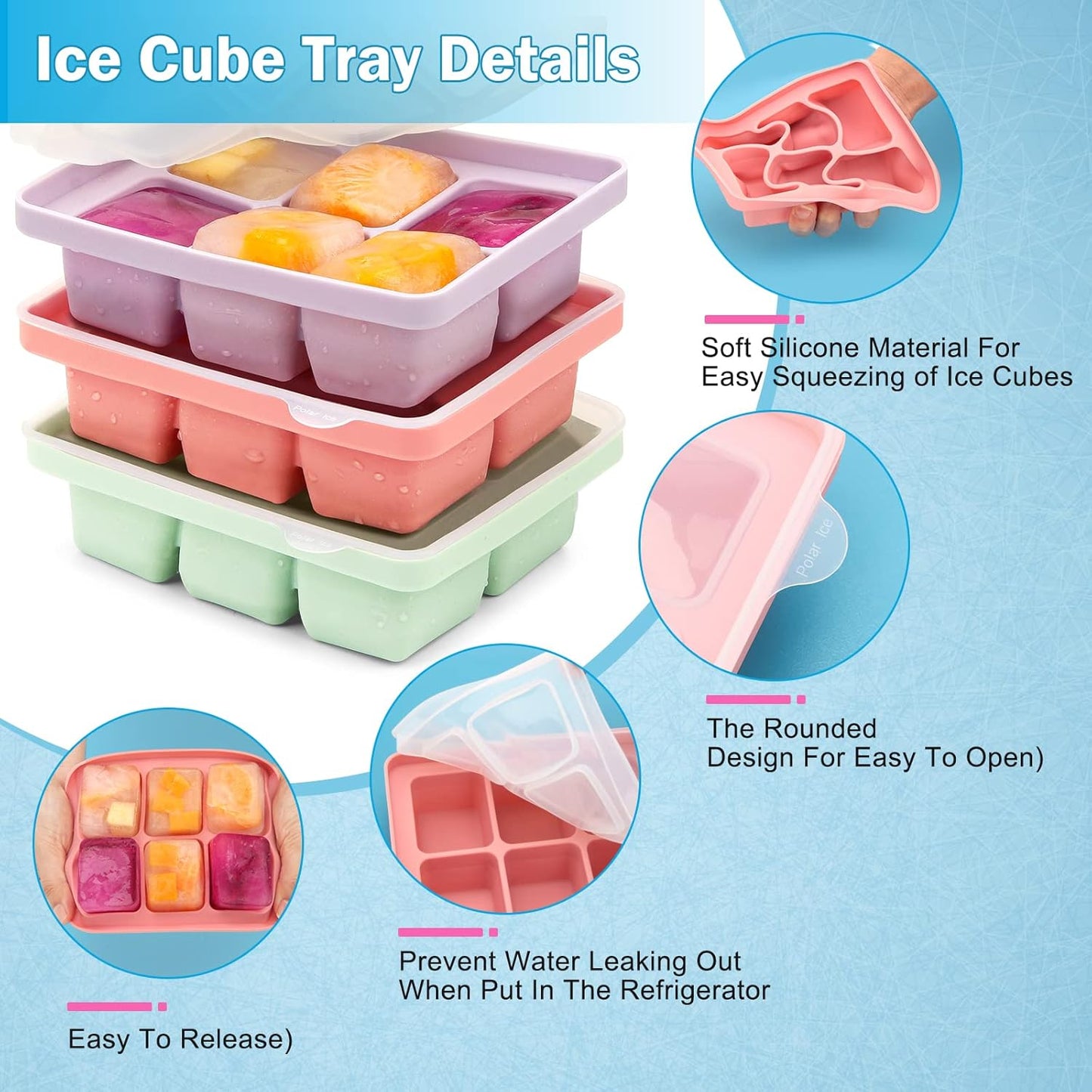Silicone Ice Cube Tray Set with Lid and Tongs, 3-Pack Large BPA-Free Molds, Flexible Stackable Freezer Containers