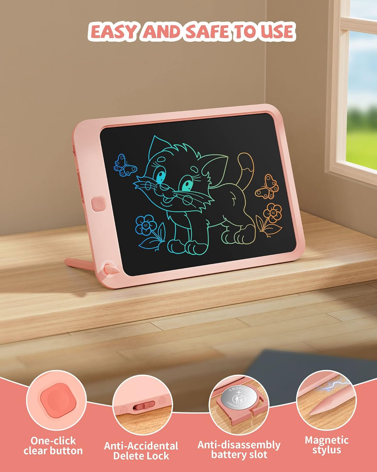 Colorful Doodle Board Drawing Tablet- Children, Memo Board and Drawing Pad-Lanyard, Educational Travel Toy Ages 3+ (Pink)