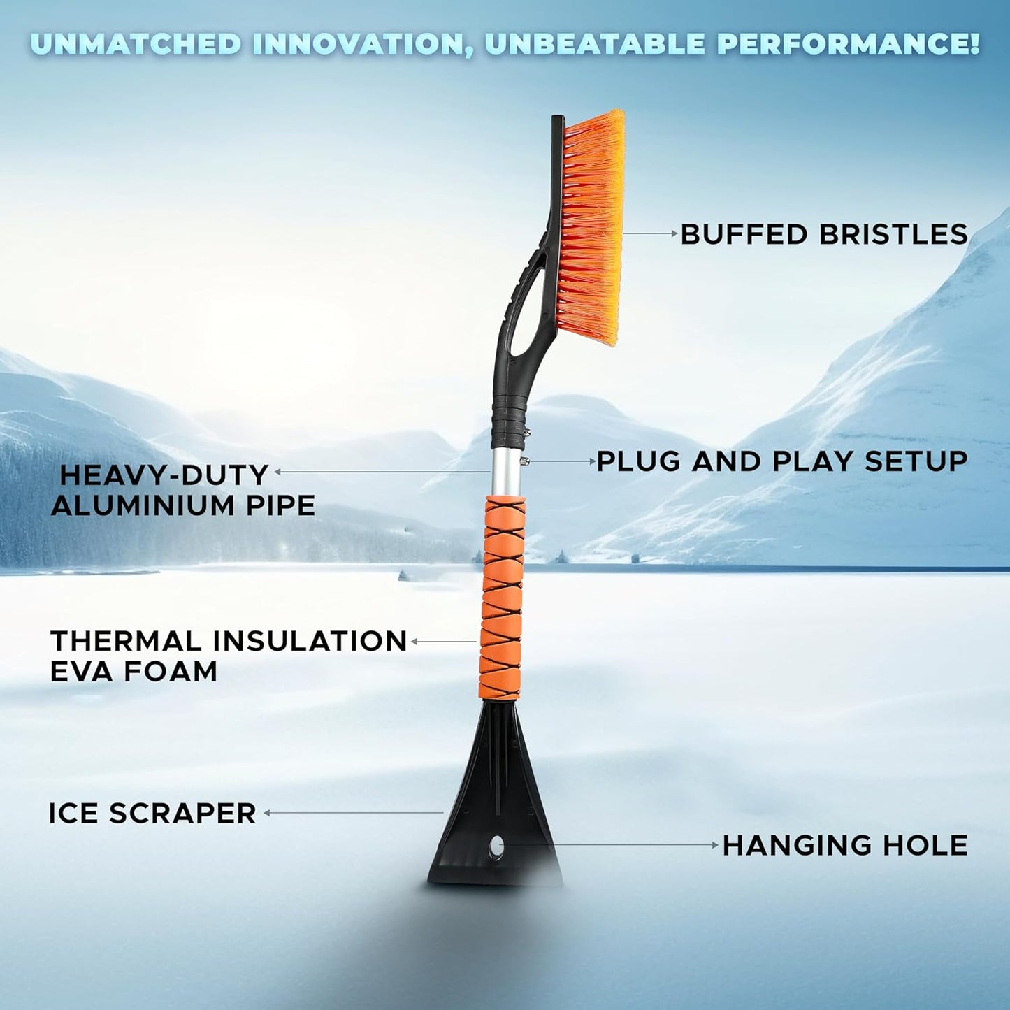 27-Inch Aluminum Snow Brush - Ice Scraper, Automotive Windshields, Windows | Ergonomic Foam Grip Winter Accessory 