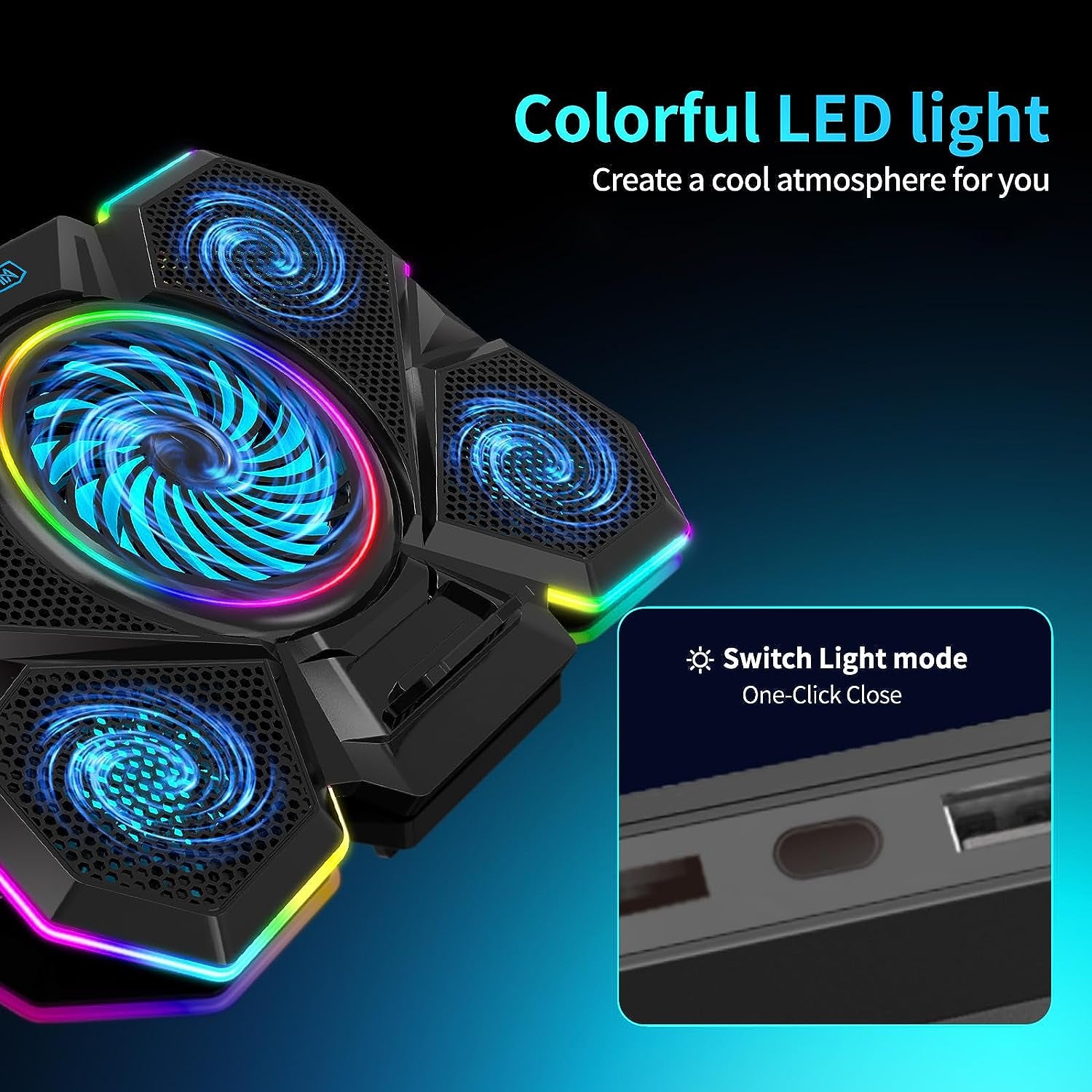 Laptop Cooling Pad for Gaming, Featuring 5 Silent Fans and LED Lighting, Compatible with 12-17 Inch Laptops, 7 Adjustable Height Settings