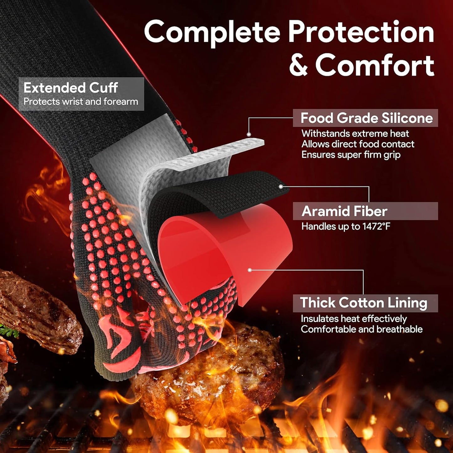 Professional Heat Resistant BBQ Gloves - 1472℉ Silicone Oven Mitts for Grilling, Baking, and Welding (Pair)