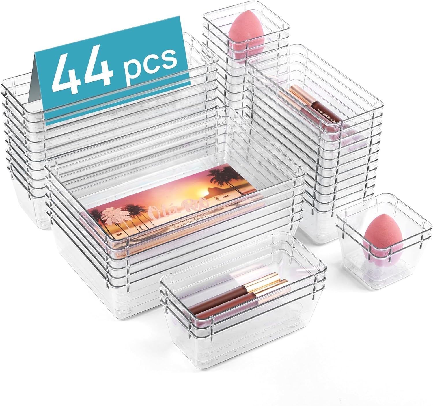 44-Piece Clear Plastic Drawer Organizer Set - Versatile Non-Slip Storage Trays