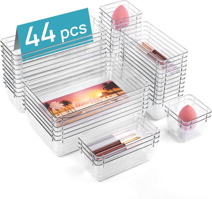 44-Piece Clear Plastic Drawer Organizer Set - Versatile Non-Slip Storage Trays