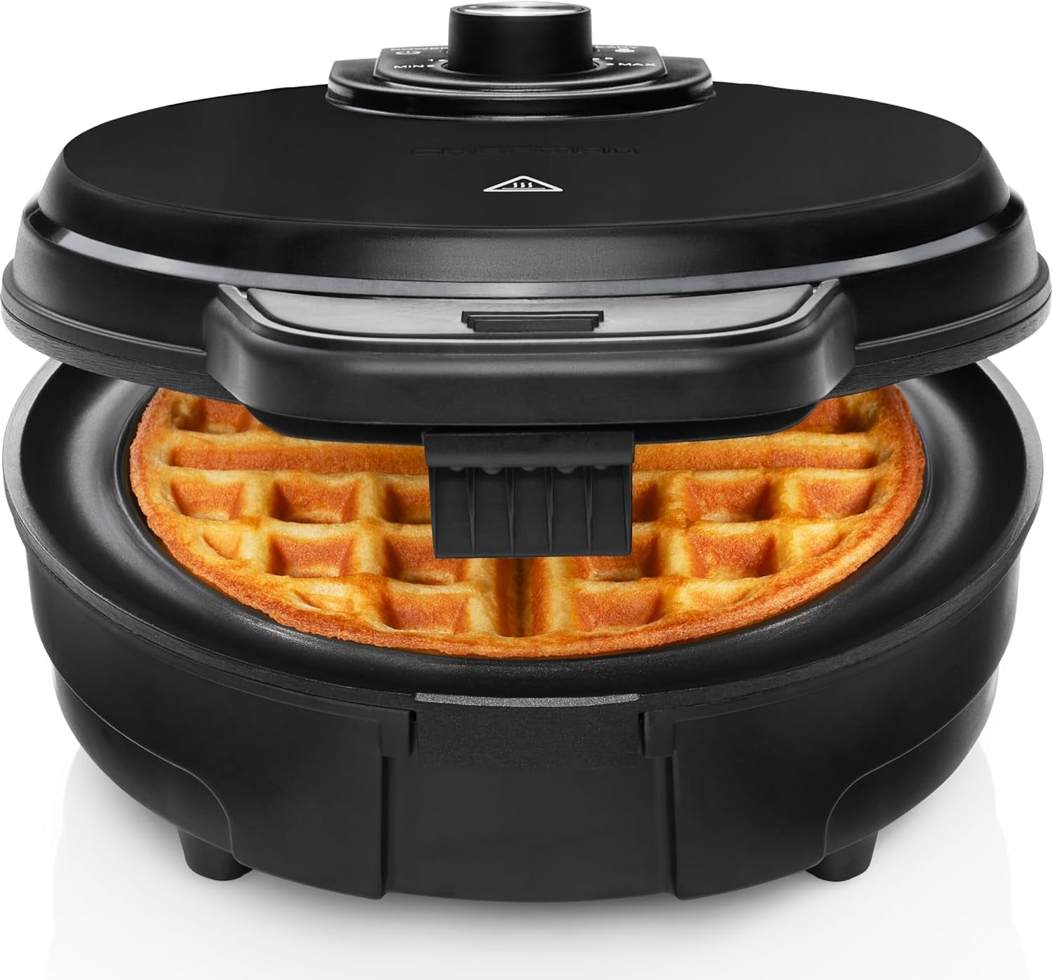 Professional Anti-Overflow Belgian Waffle Maker with Shade Selector, Temperature Control, Mess-Free Moat, Round Nonstick Plates, Cool Touch Handle, and Measuring Cup - Black