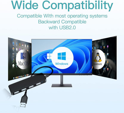 4-Port USB Hub Adapter - Multi USB Port Expander for Laptops, USB Flash Drives, Mobile HDD (30cm)