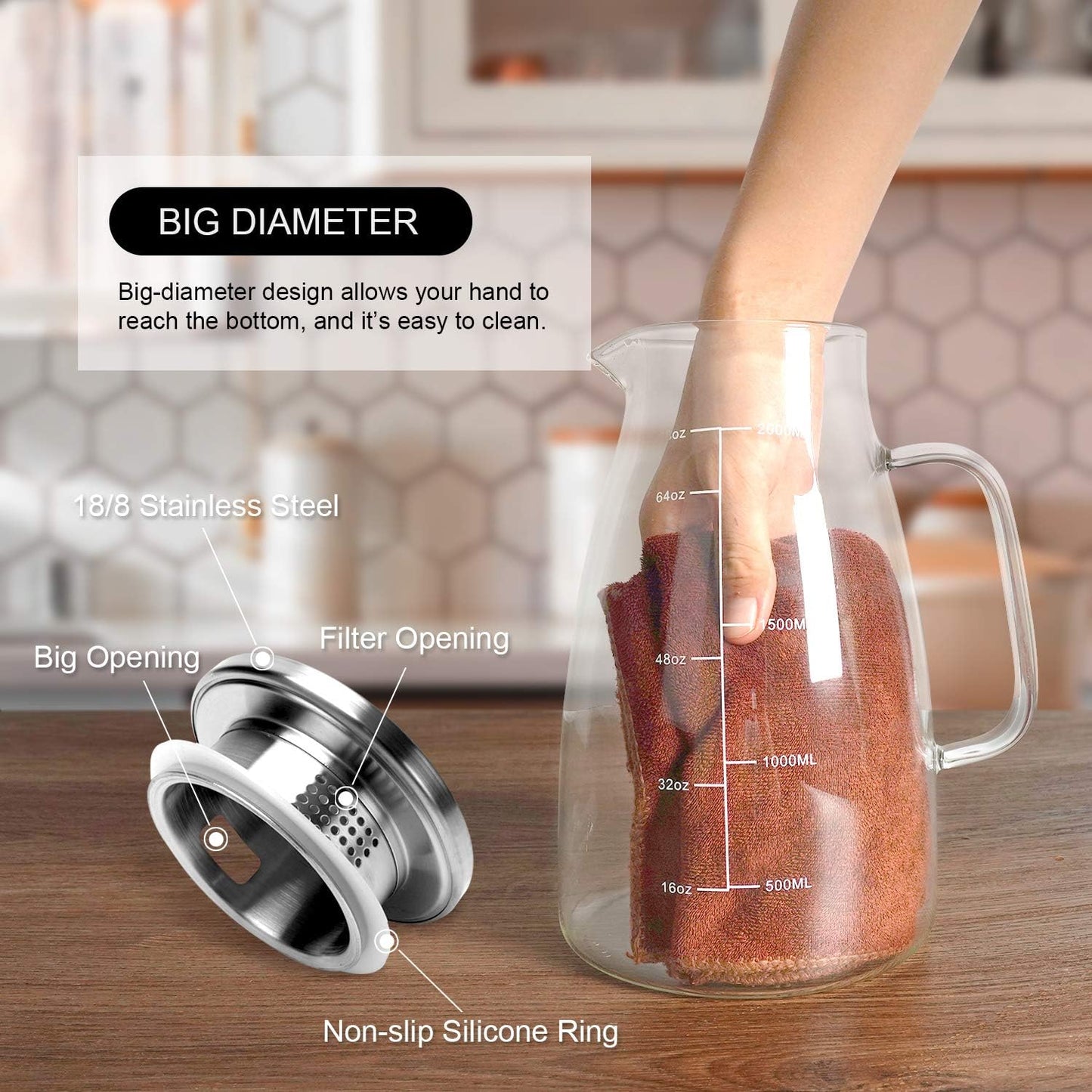 2L Borosilicate Glass Pitcher with Lid and Measurement Scale, Stainless Steel Jug for Hot and Cold Beverages